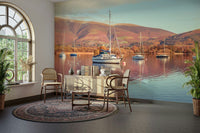 Wide lake mural with floating sailboats

