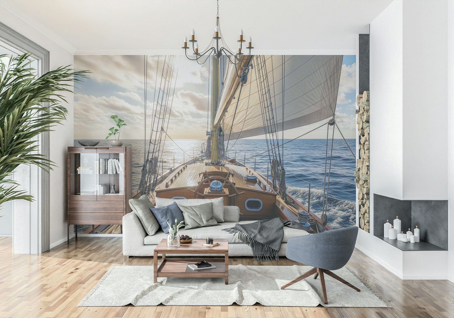 Blue and white maritime wallpaper with detailed sailboat silhouettes.