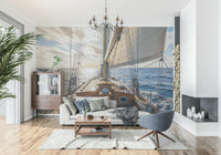 Blue and white maritime wallpaper with detailed sailboat silhouettes.