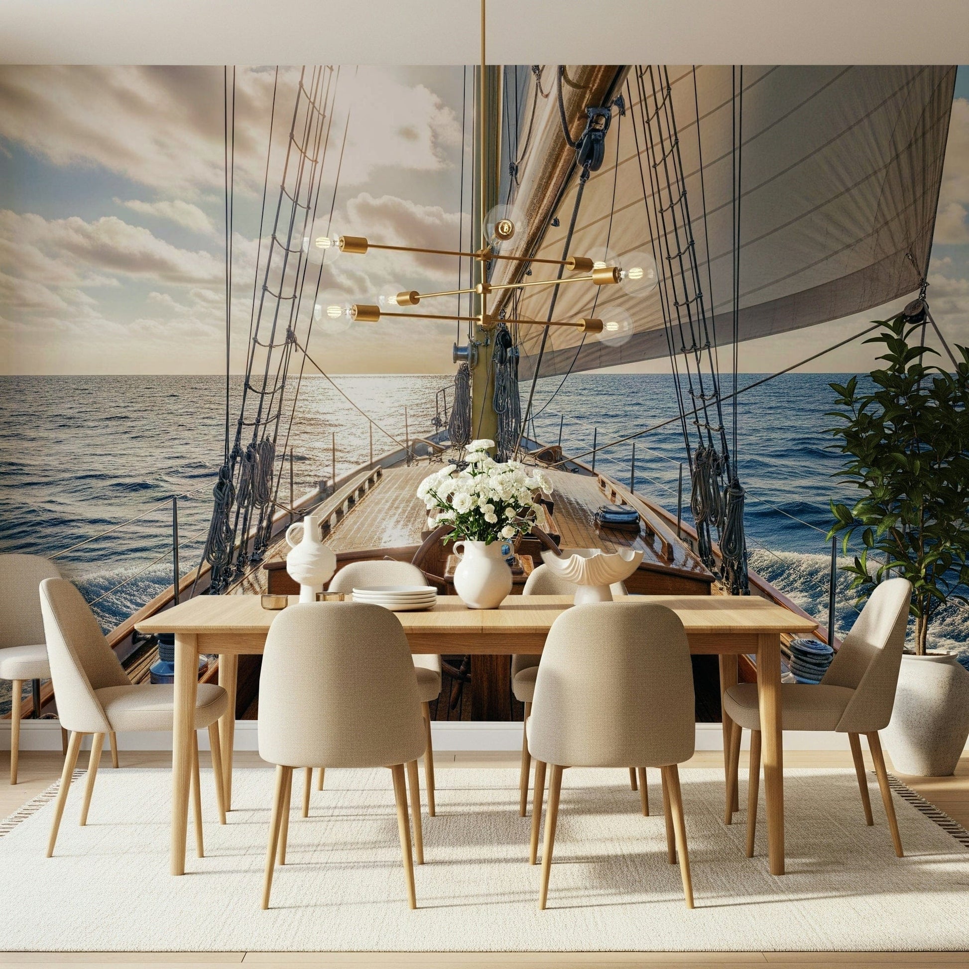 Classic ocean landscape wall mural with tall ships and soft waves.