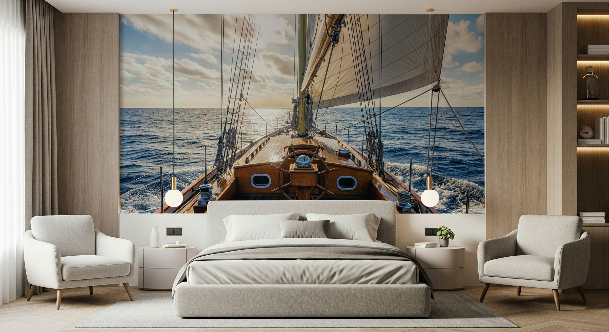 Sailing away wall mural with a soft blue sky and ocean horizon.