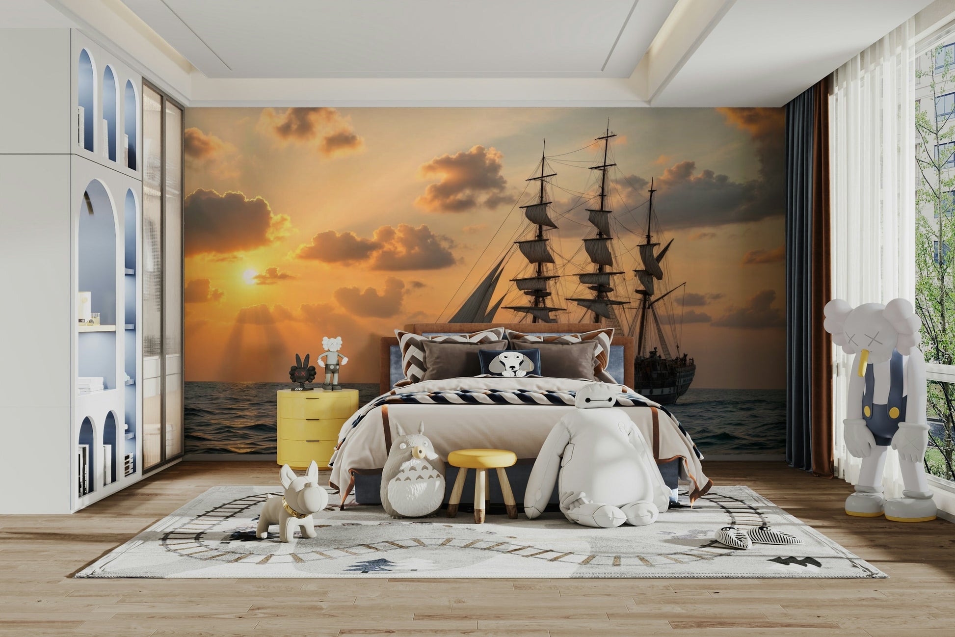 A wall mural of a sailboat at dusk.

