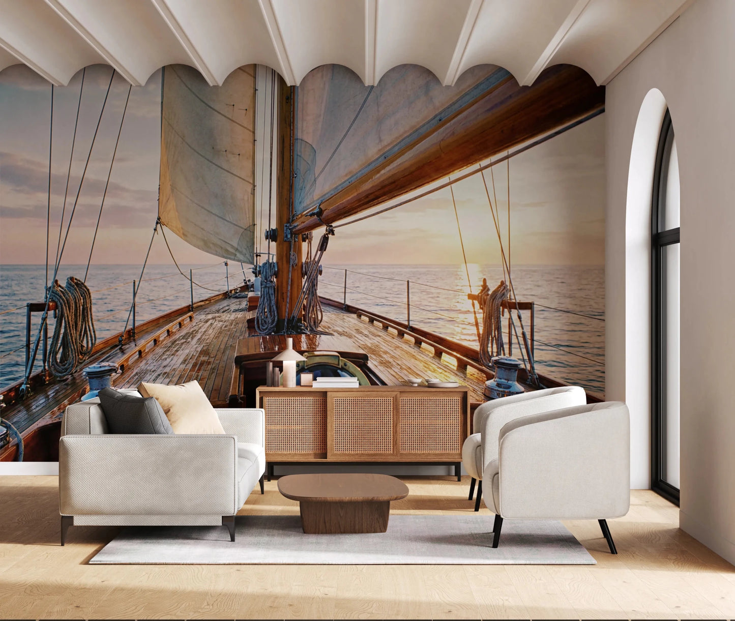 Polished wood boat deck wallpaper for a custom wall mural.
