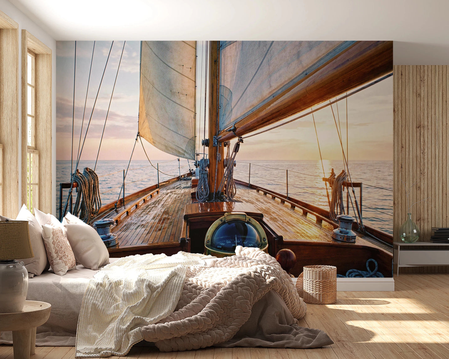 Classic sailboat rigging and sunset sky wallpaper wall mural.