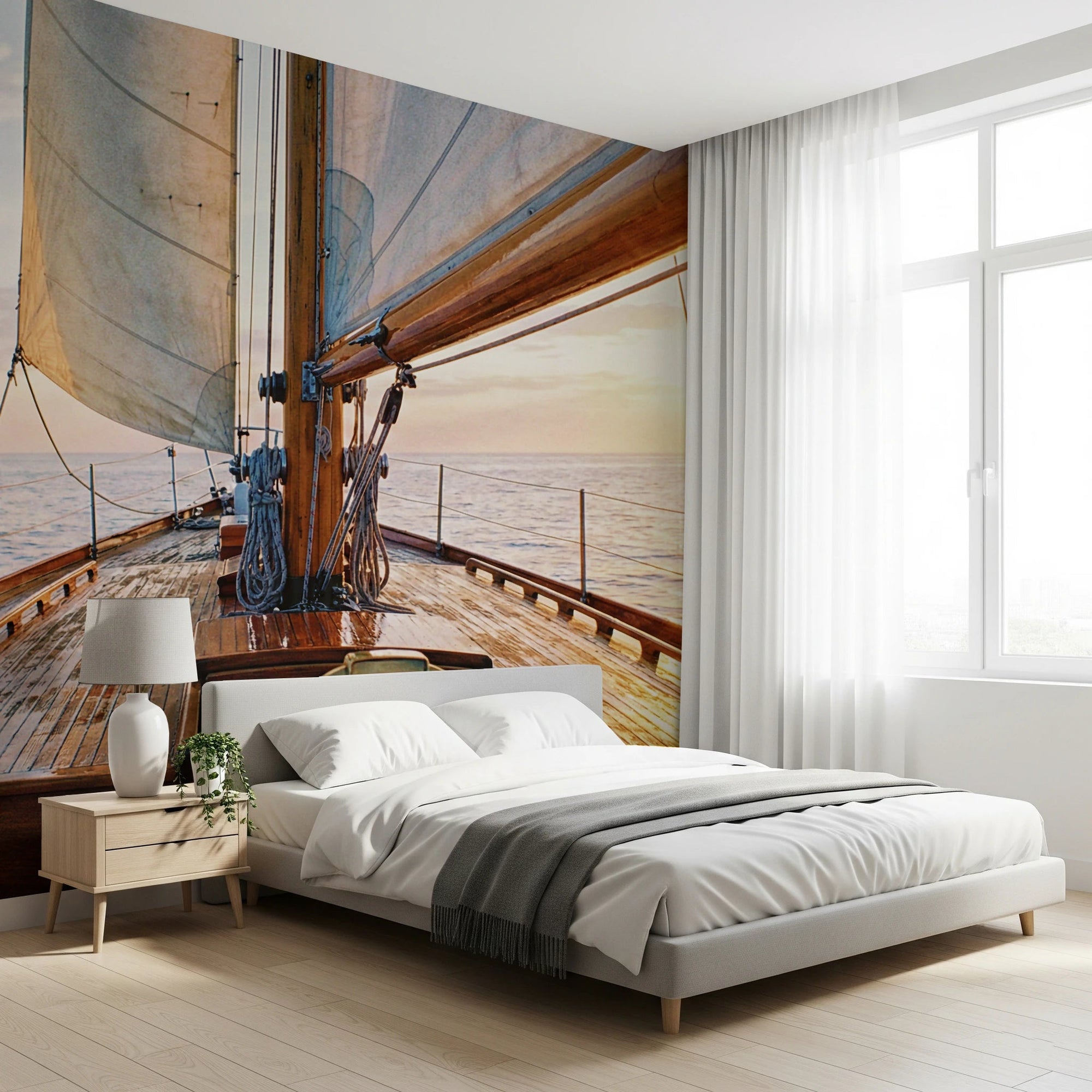 Sailing at Sunset Wall Mural with wooden boat deck wallpaper., GD8404
