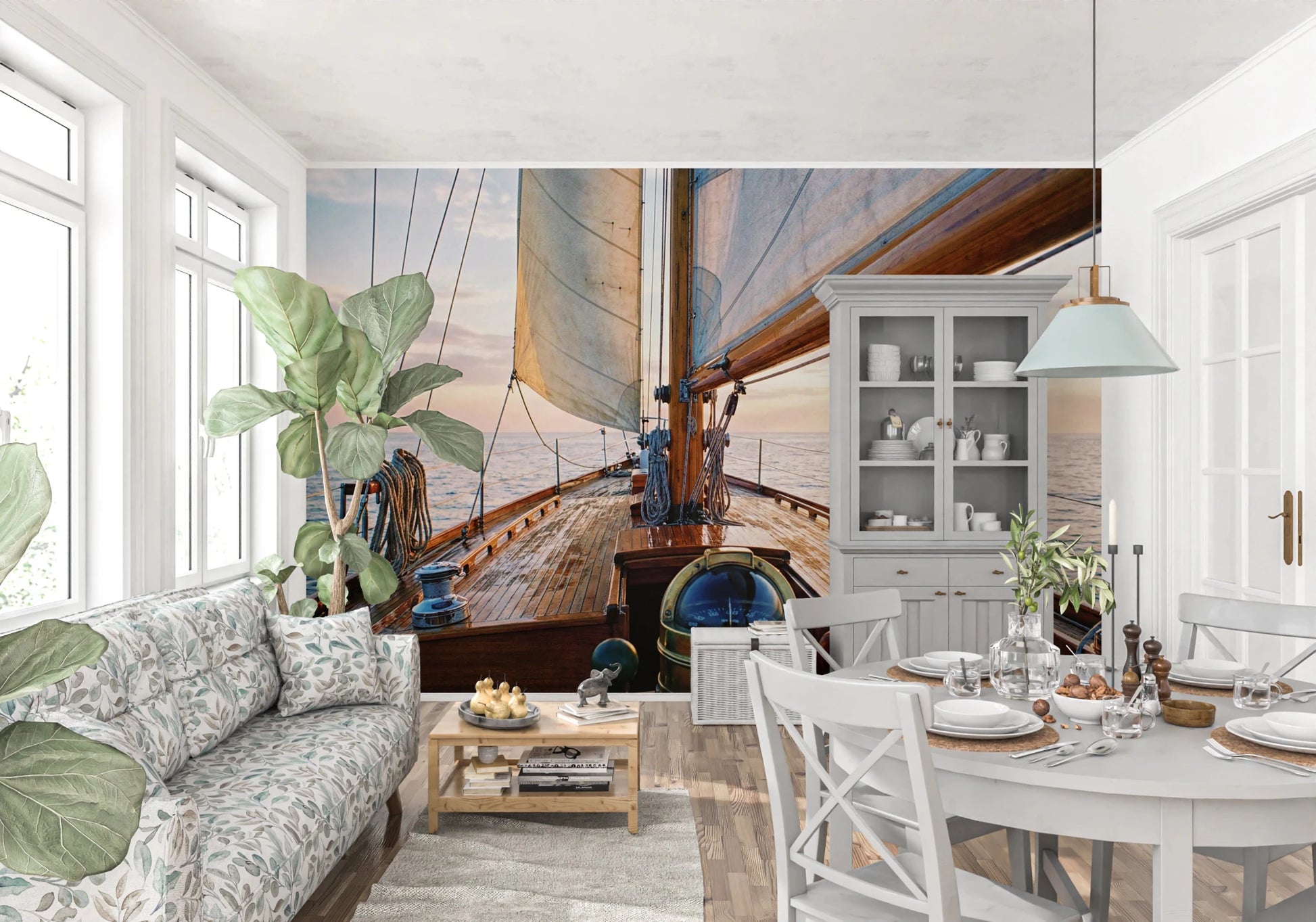 Nautical sailboat wallpaper for a calm living room wall mural.