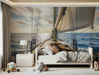 Minimalist nautical wall mural with clean lines of sailing vessels.