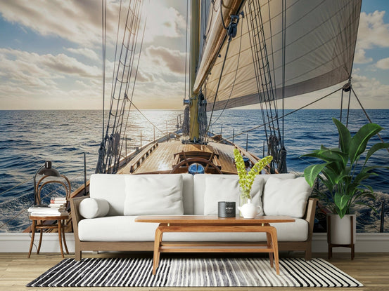 Nautical sailing away wall mural featuring vintage ships on a calm sea., GD7636
