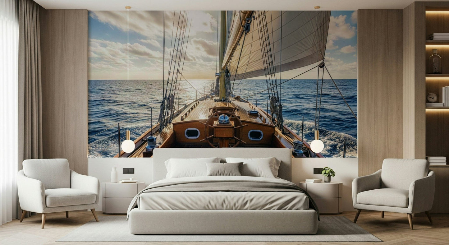 Sailing away wall mural with a soft blue sky and ocean horizon.