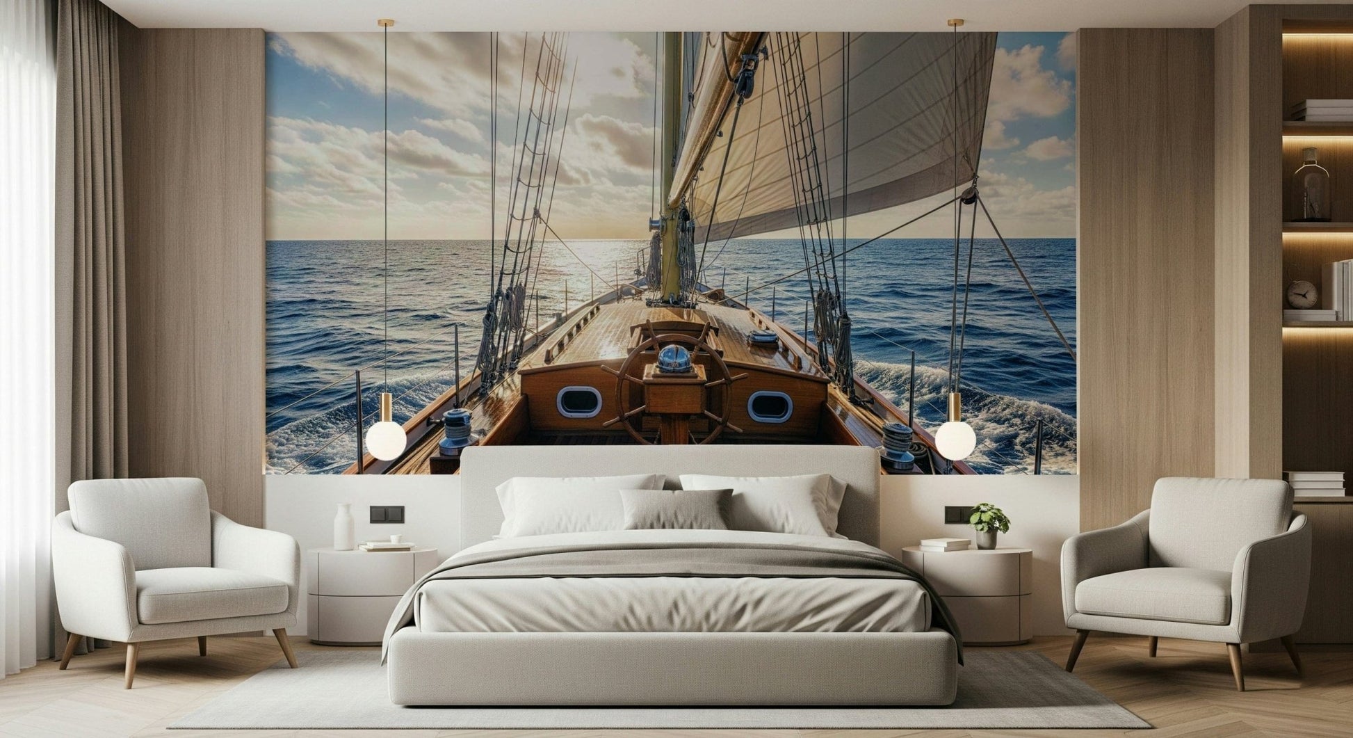 Sailing away wall mural with a soft blue sky and ocean horizon.