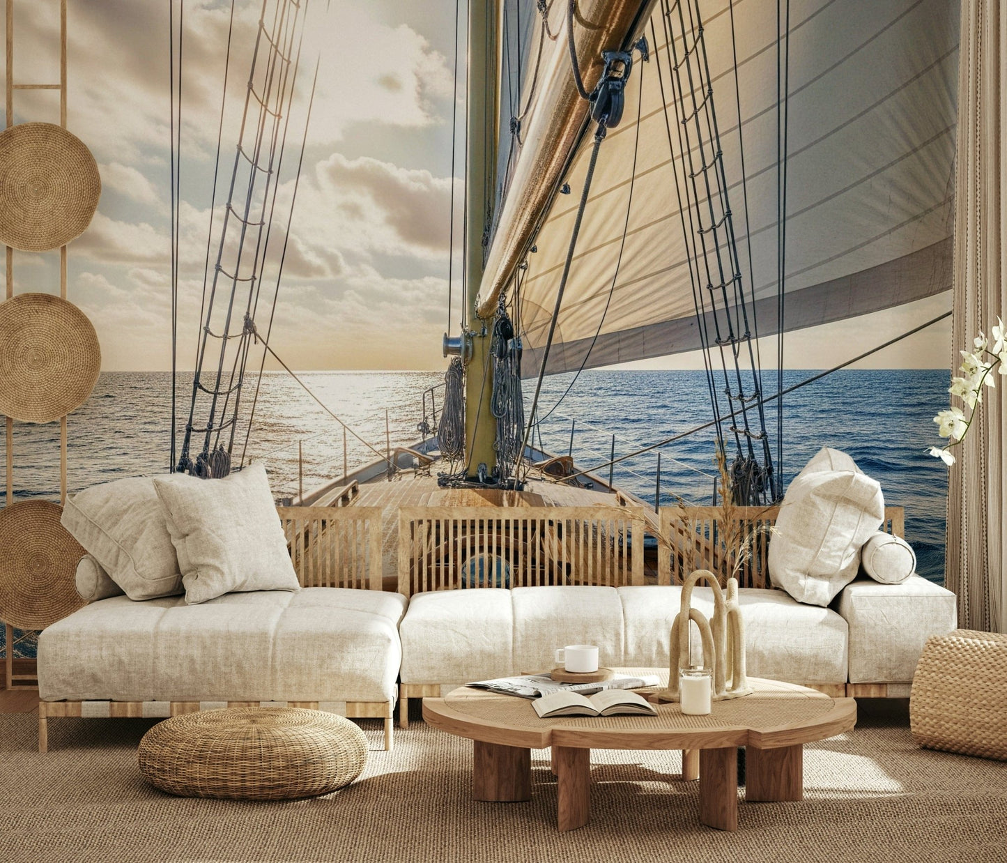 Detailed maritime wallpaper for an adventurous coastal interior style.