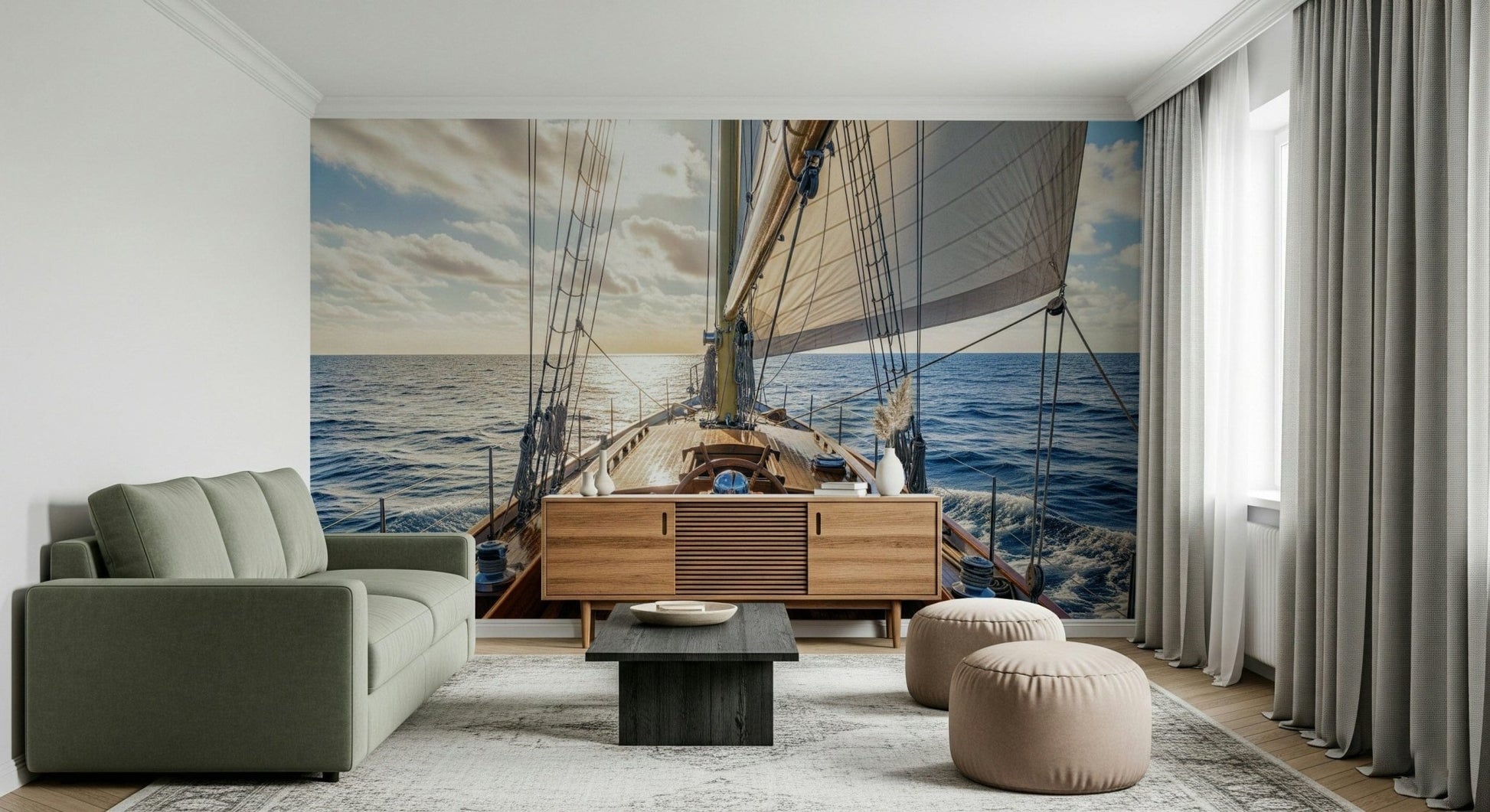 Vintage inspired sailing away wall mural with weathered nautical tones.