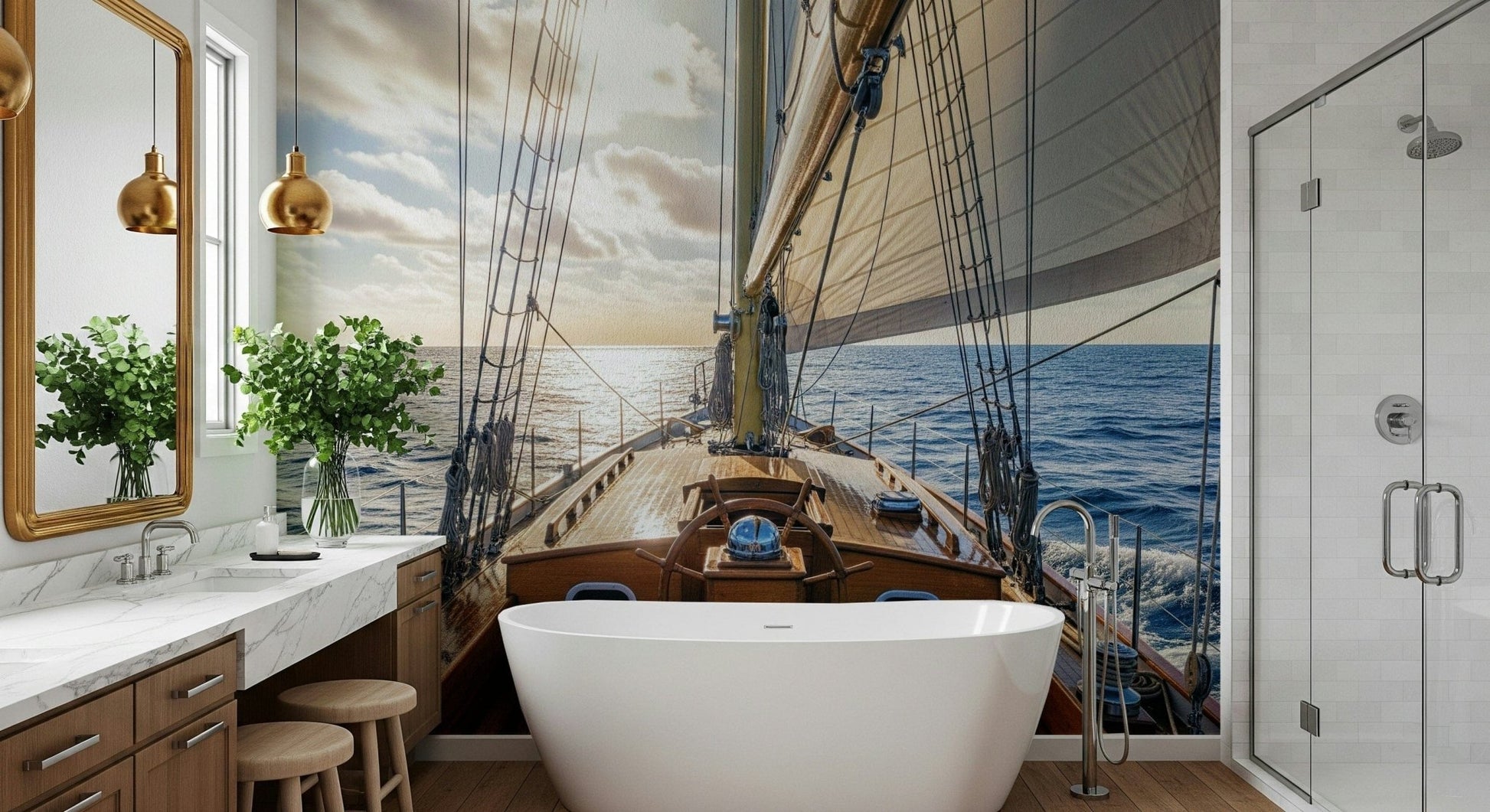 Sailing away wallpaper depicting a serene coastal voyage at sunset.