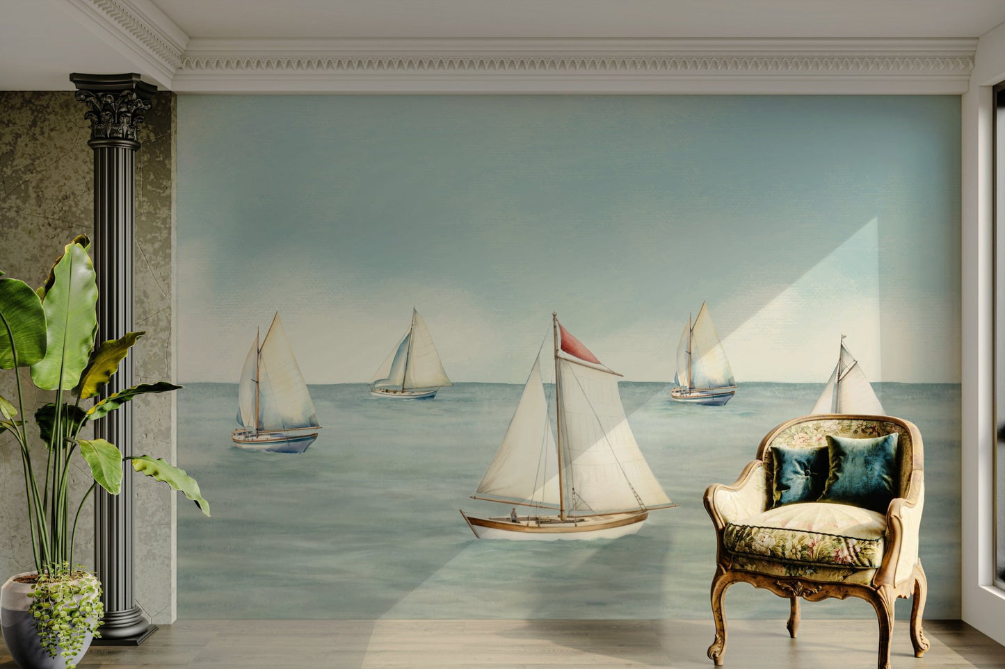 Wall mural with a sailboat and a calm ocean

