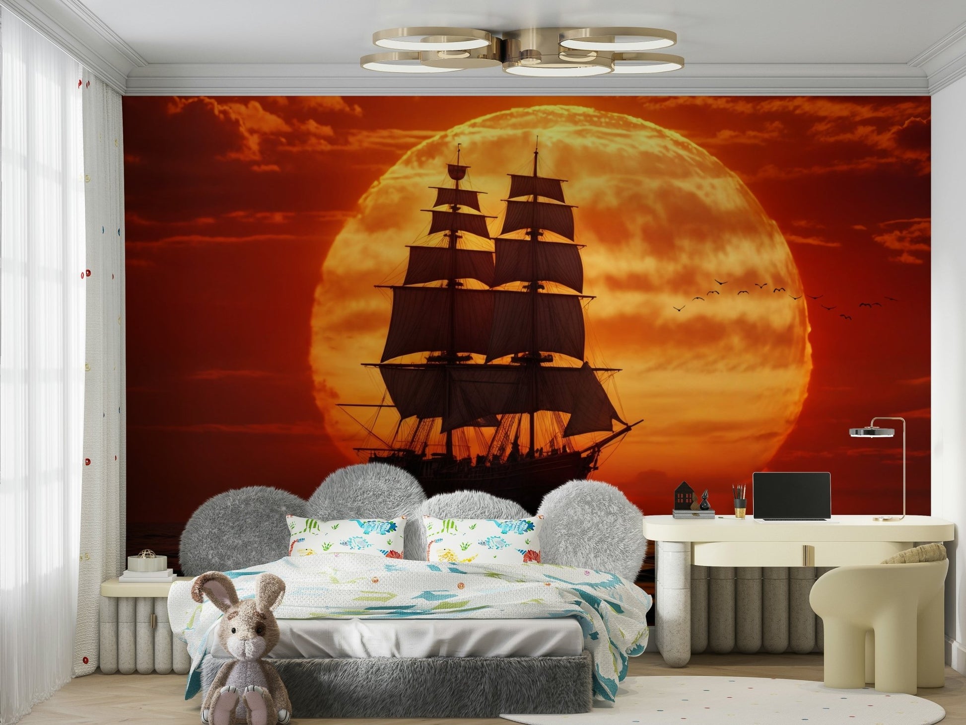 A peaceful open water mural on decorative wallpaper.


