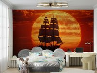 A peaceful open water mural on decorative wallpaper.

