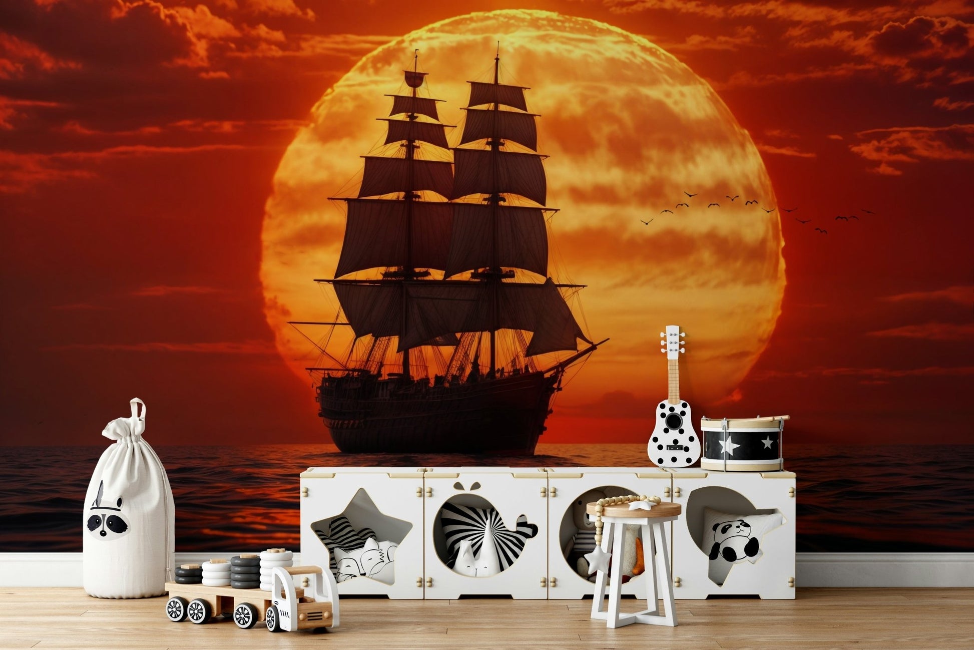 A graceful sunset view wall mural in warm, natural tones.

