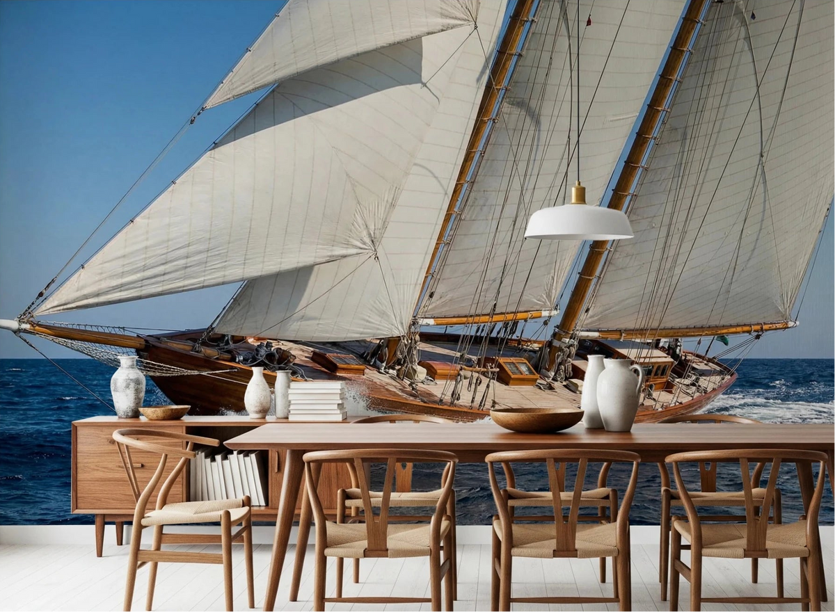 Dining room styled with Sailing Serenity wall mural and ocean yacht scene backdrop, GD8567