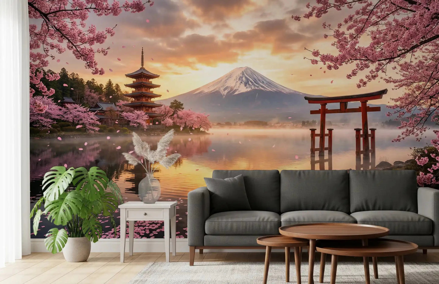 Sakura Vista at Fuji's Golden Hour Wall Mural