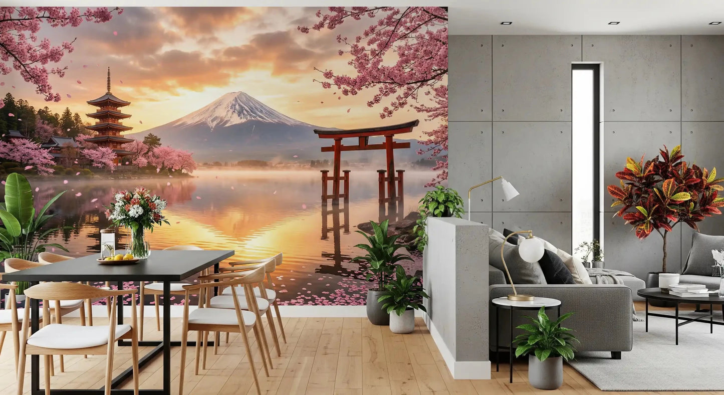 Sakura Vista at Fuji's Golden Hour Wall Mural