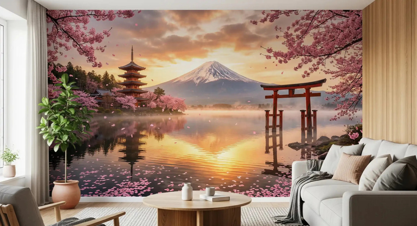 Sakura Vista at Fuji's Golden Hour Wall Mural