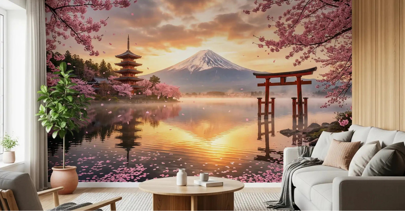 Sakura Vista Fuji Golden Hour wall mural applied in a modern living room.