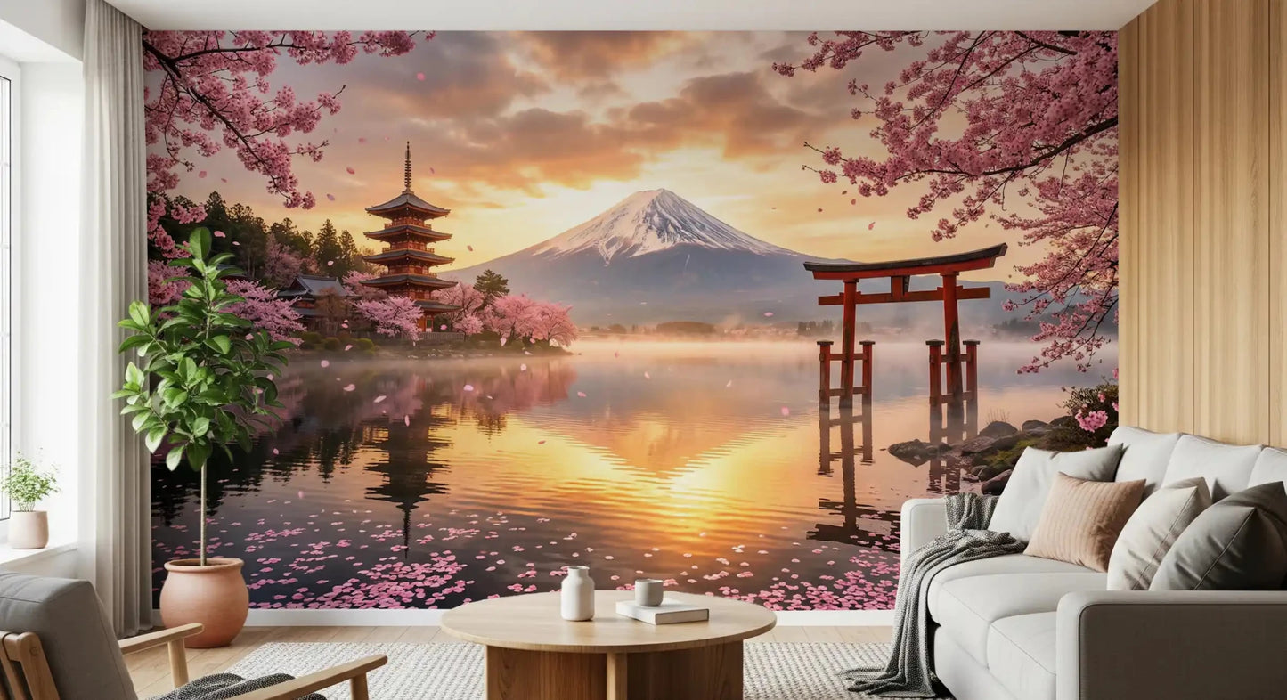 Sakura Vista at Fuji's Golden Hour Wall Mural
