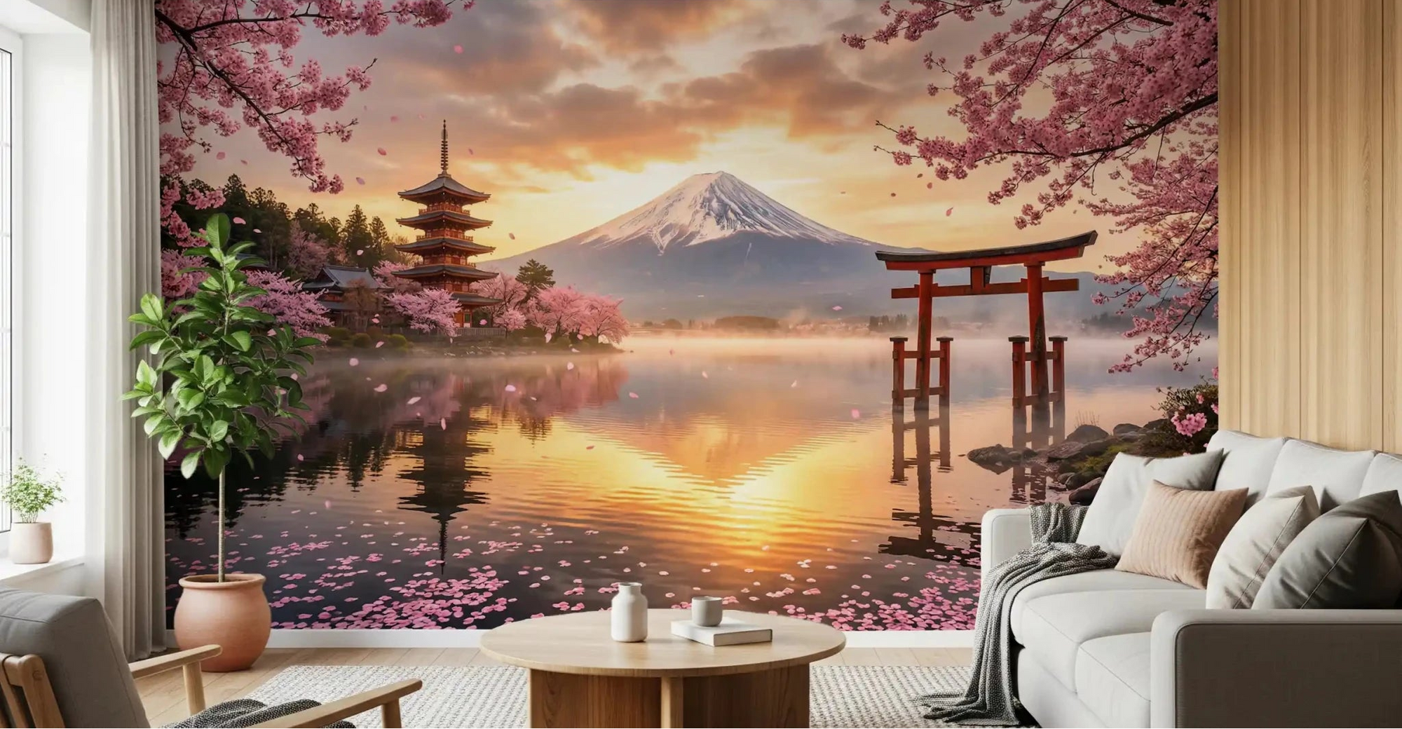 Sakura Vista Fuji Golden Hour wall mural applied in a modern living room., GD8984