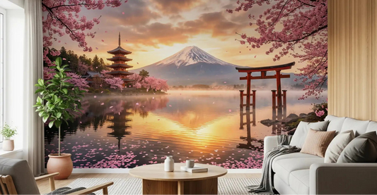 Sakura Vista Fuji Golden Hour wall mural applied in a modern living room.
