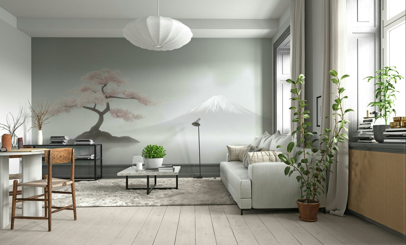 Sakura wall mural with soft pink cherry blossoms


