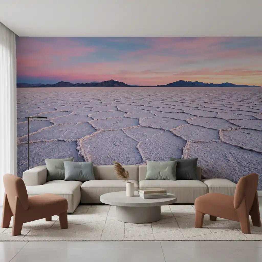 Salt Flats Serenity Wall Mural in a sunlit room with blush seating and side tables