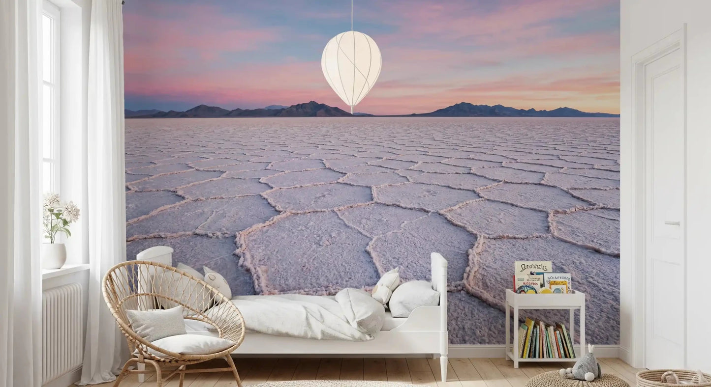 Soft Kids room styled with Salt Flats Serenity Wall Mural and a low white sofa