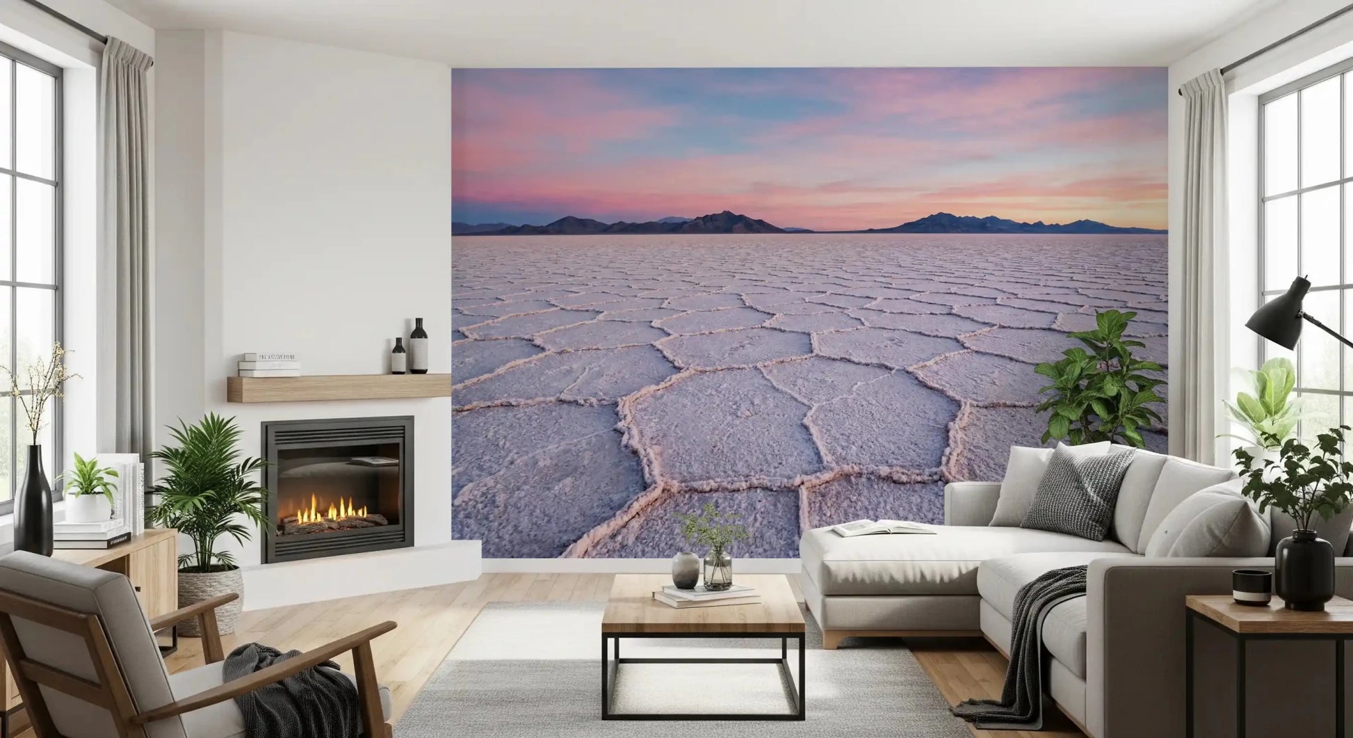 Salt Flats Serenity Wall Mural above a low console in a calm modern lounge