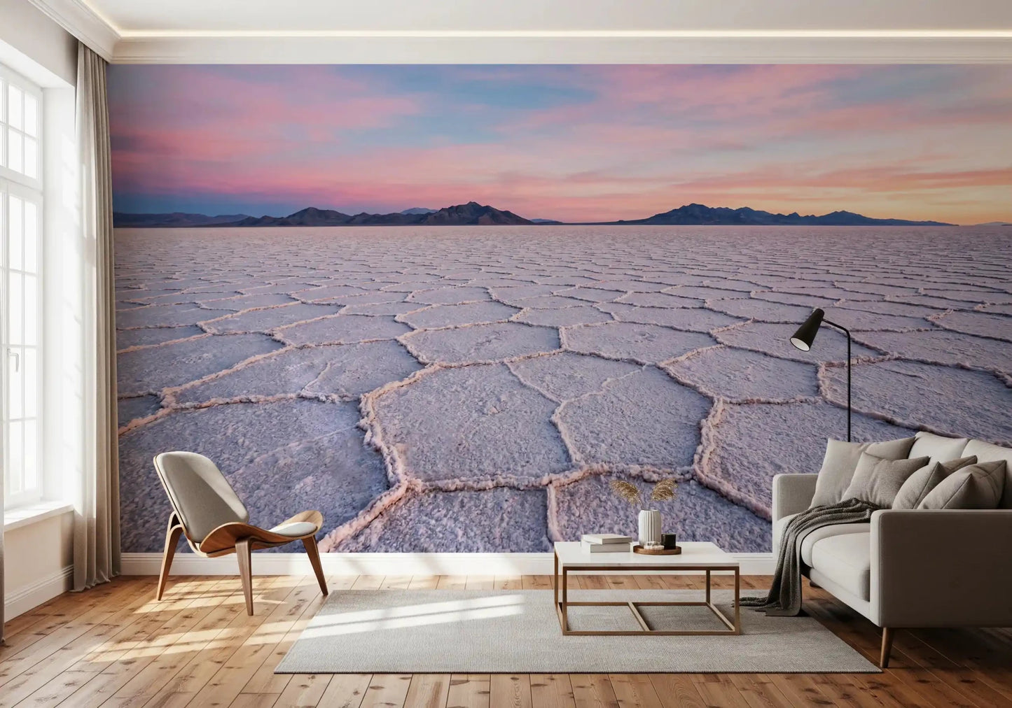 Warm sitting room featuring Salt Flats Serenity Wall Mural and a curved chair