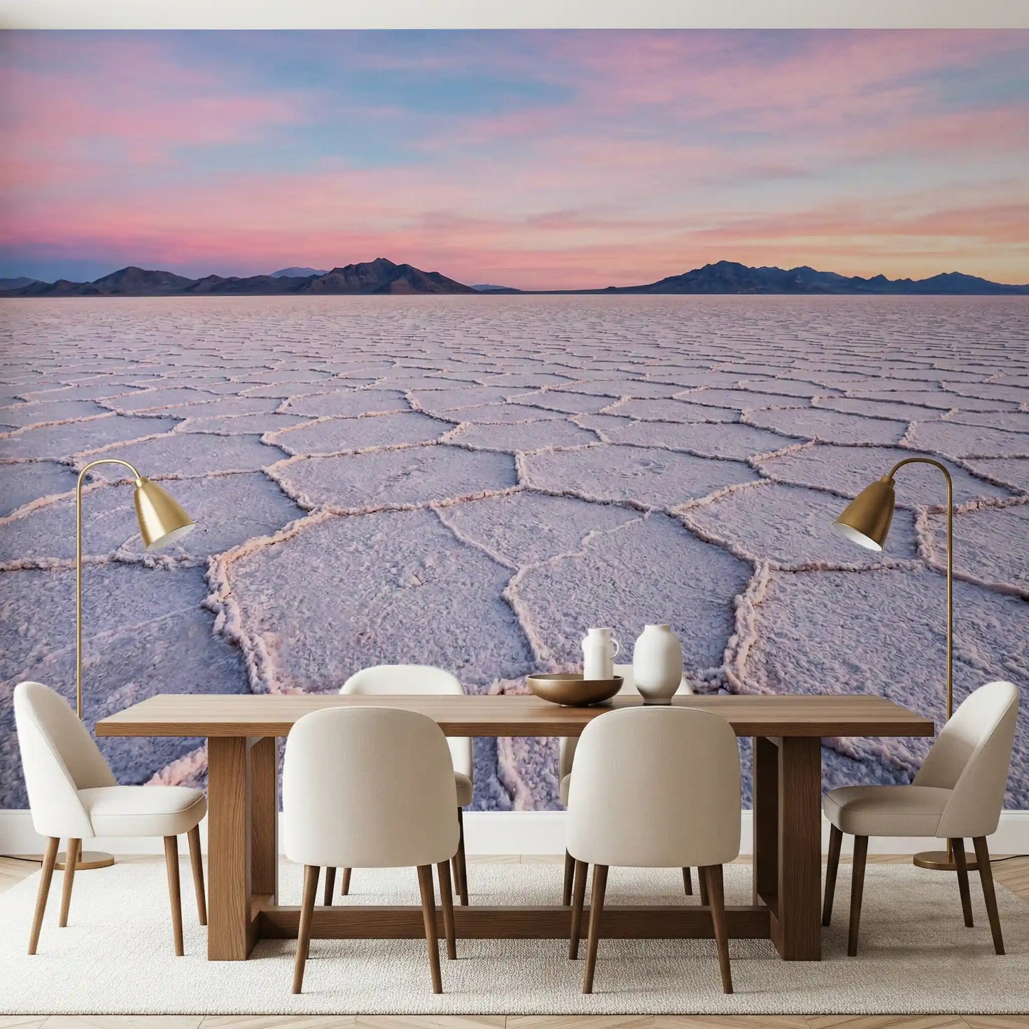 Salt Flats Serenity Wall Mural behind a dining table in a bright dining room