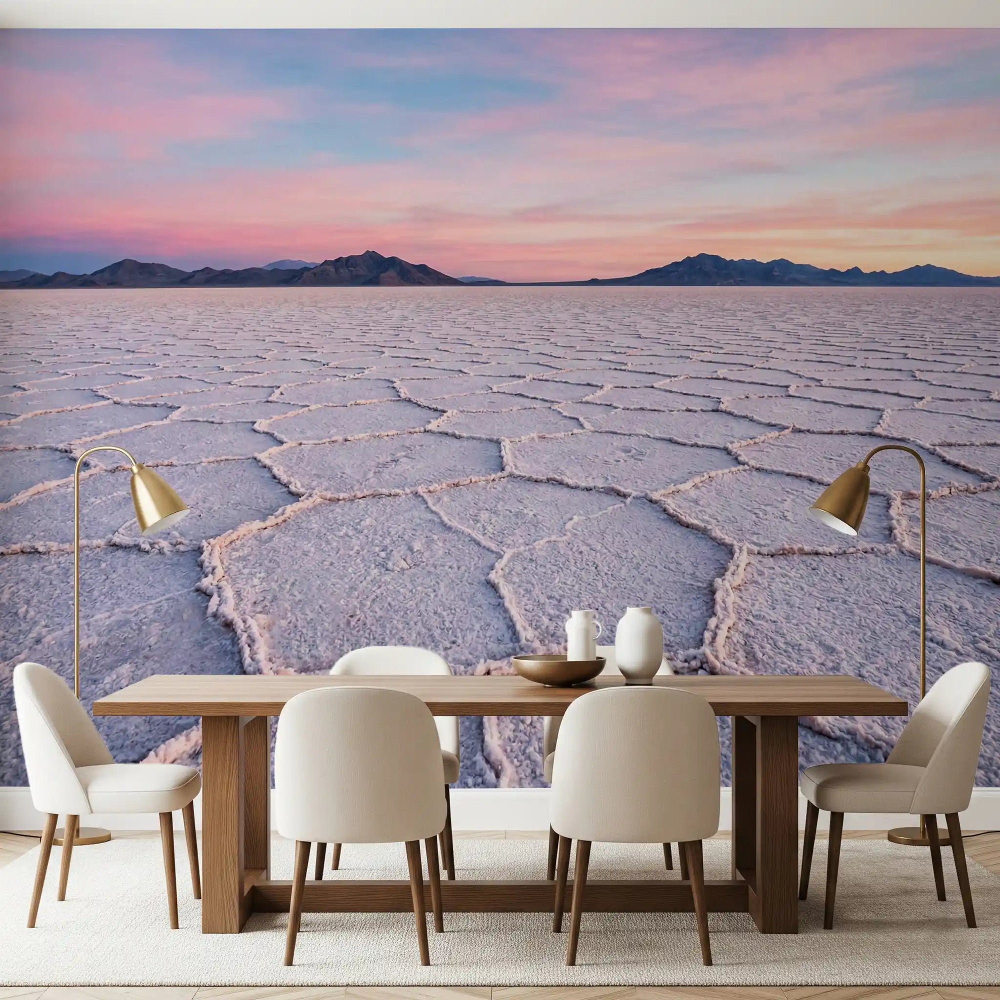 Salt Flats Serenity Wall Mural behind a dining table in a bright dining room, GD8918