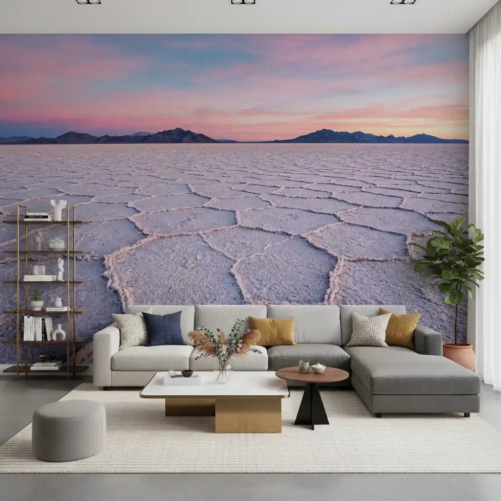 Salt Flats Serenity Wall Mural centred behind a sofa in a cozy living room