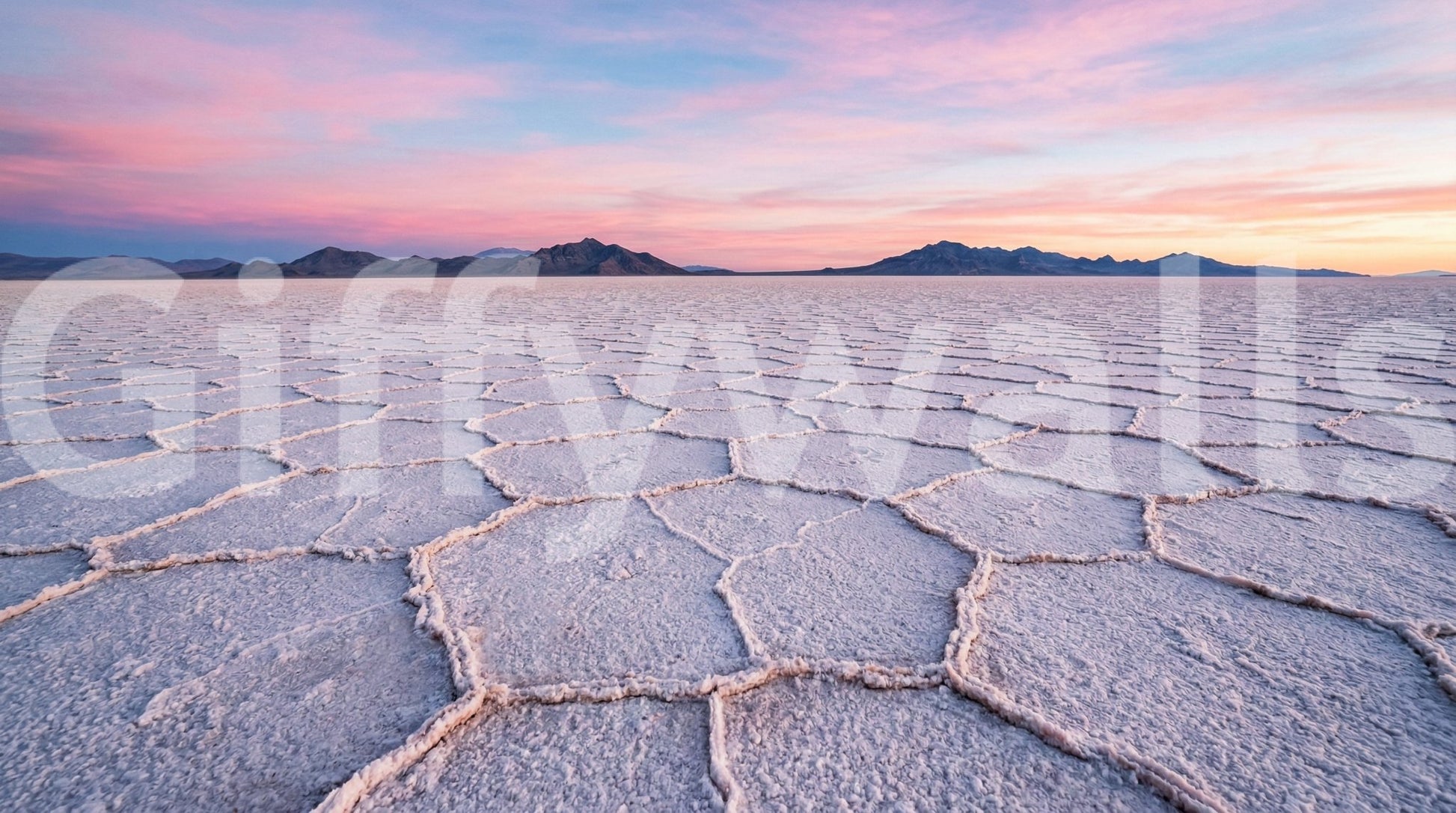 Salt Flats Serenity Wall Mural with pastel sky, hexagon salt crust, and distant peaks