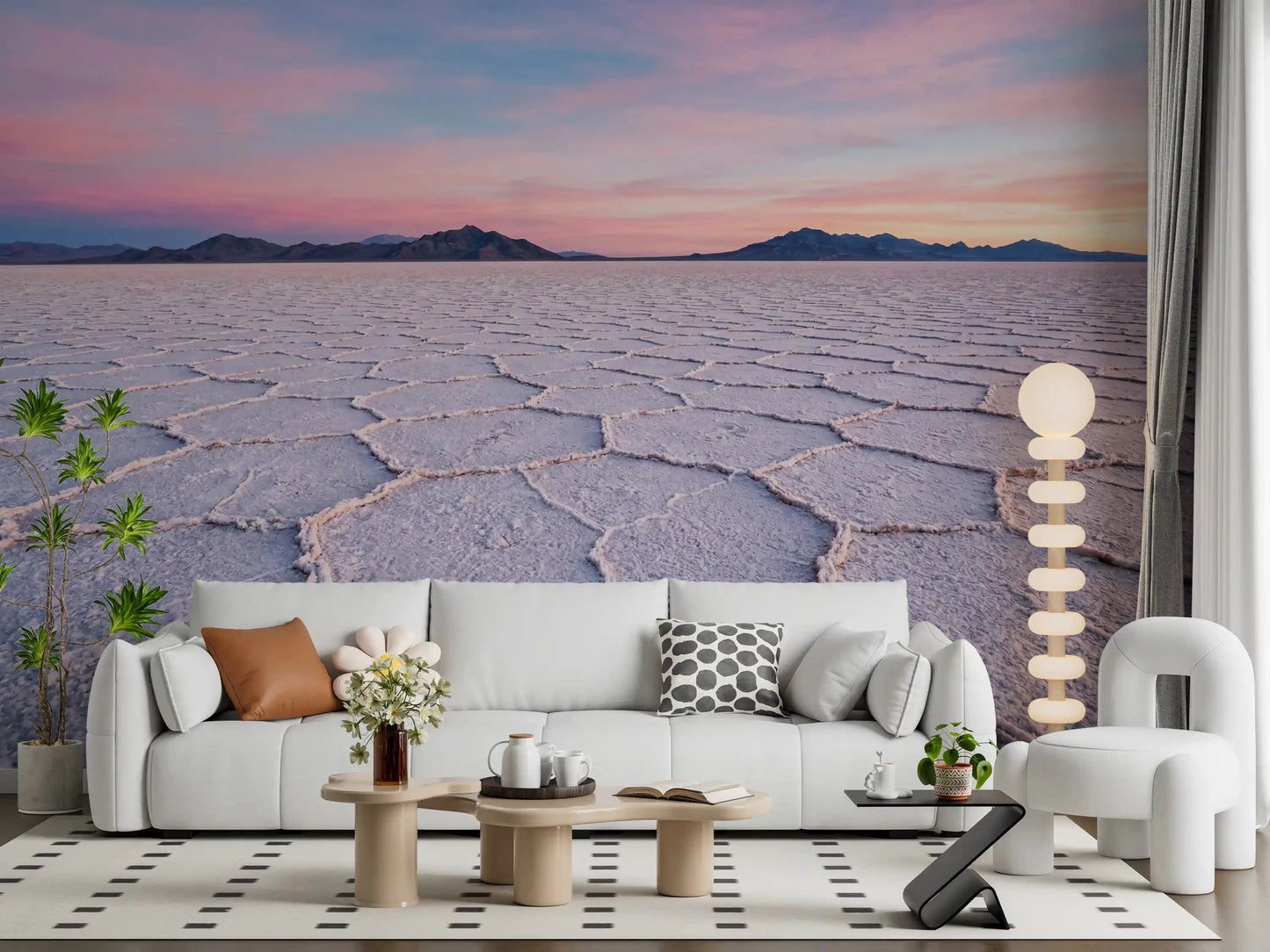 Bright lounge finished with Salt Flats Serenity Wall Mural and layered cushions