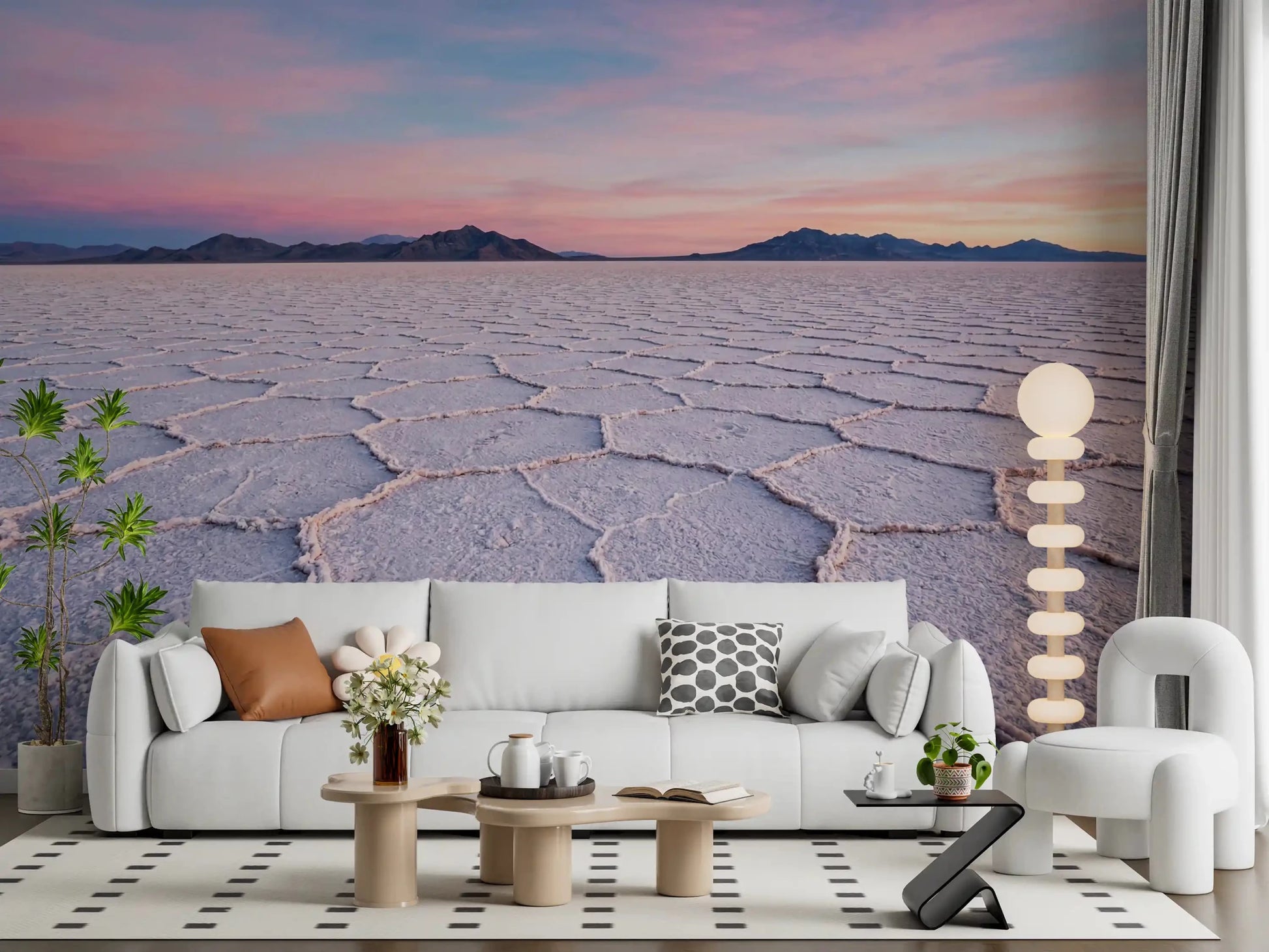 Bright lounge finished with Salt Flats Serenity Wall Mural and layered cushions