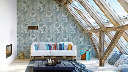 Samarkande No. 4 wallpaper with pale aqua tones

