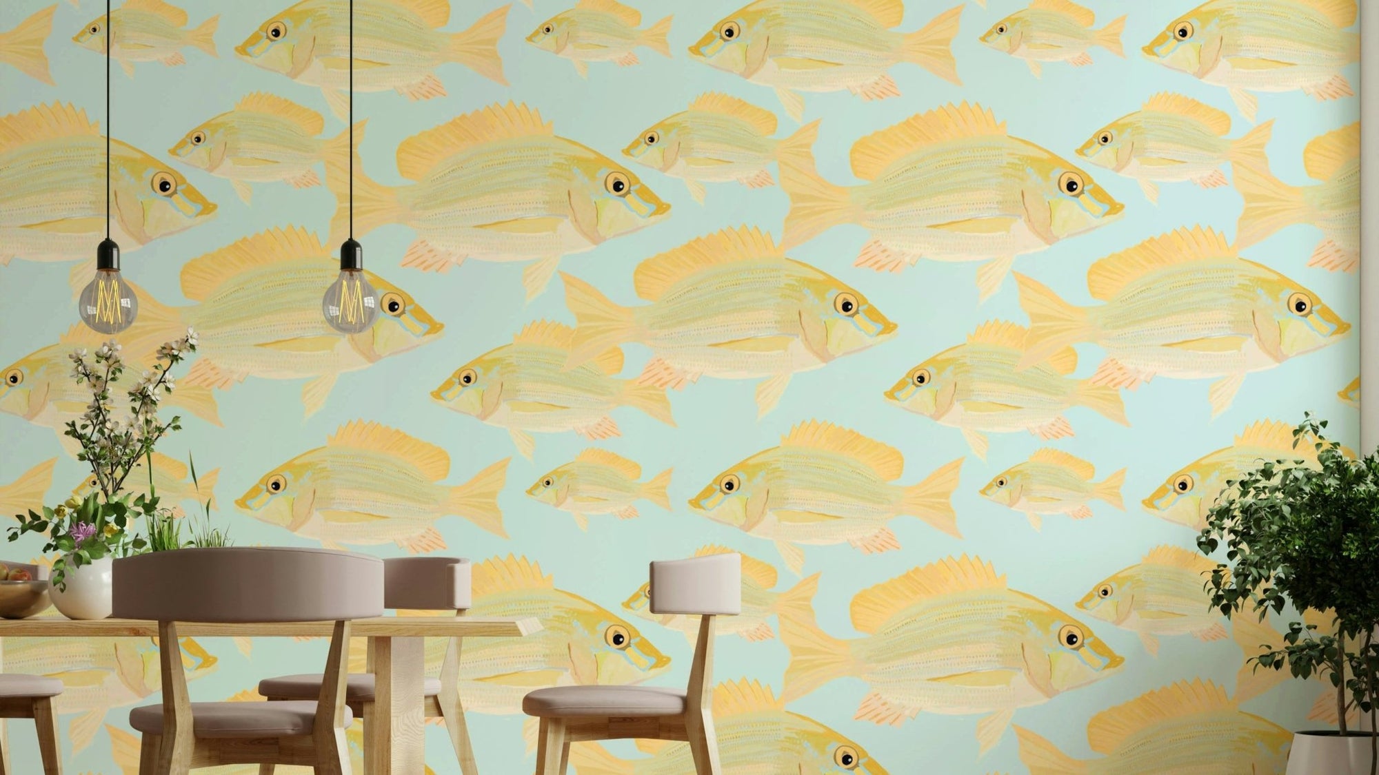Detailed hand-drawn Sand Bream fish print wallpaper, GD2180