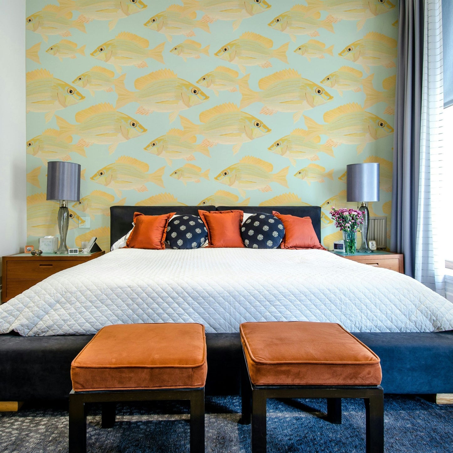 Close-up of Sand Bream fish motif on wallpaper

