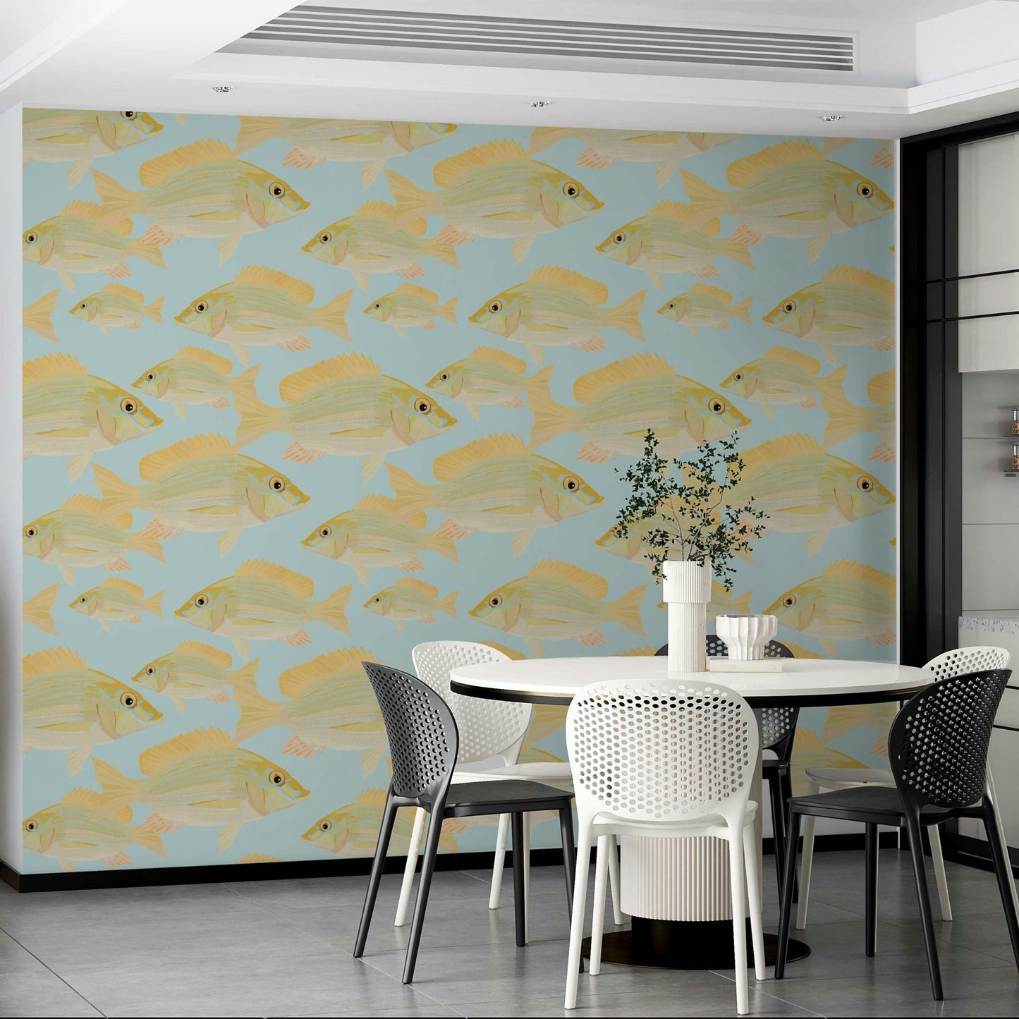 Wallpaper with aquatic Sand Bream design in blue tones

