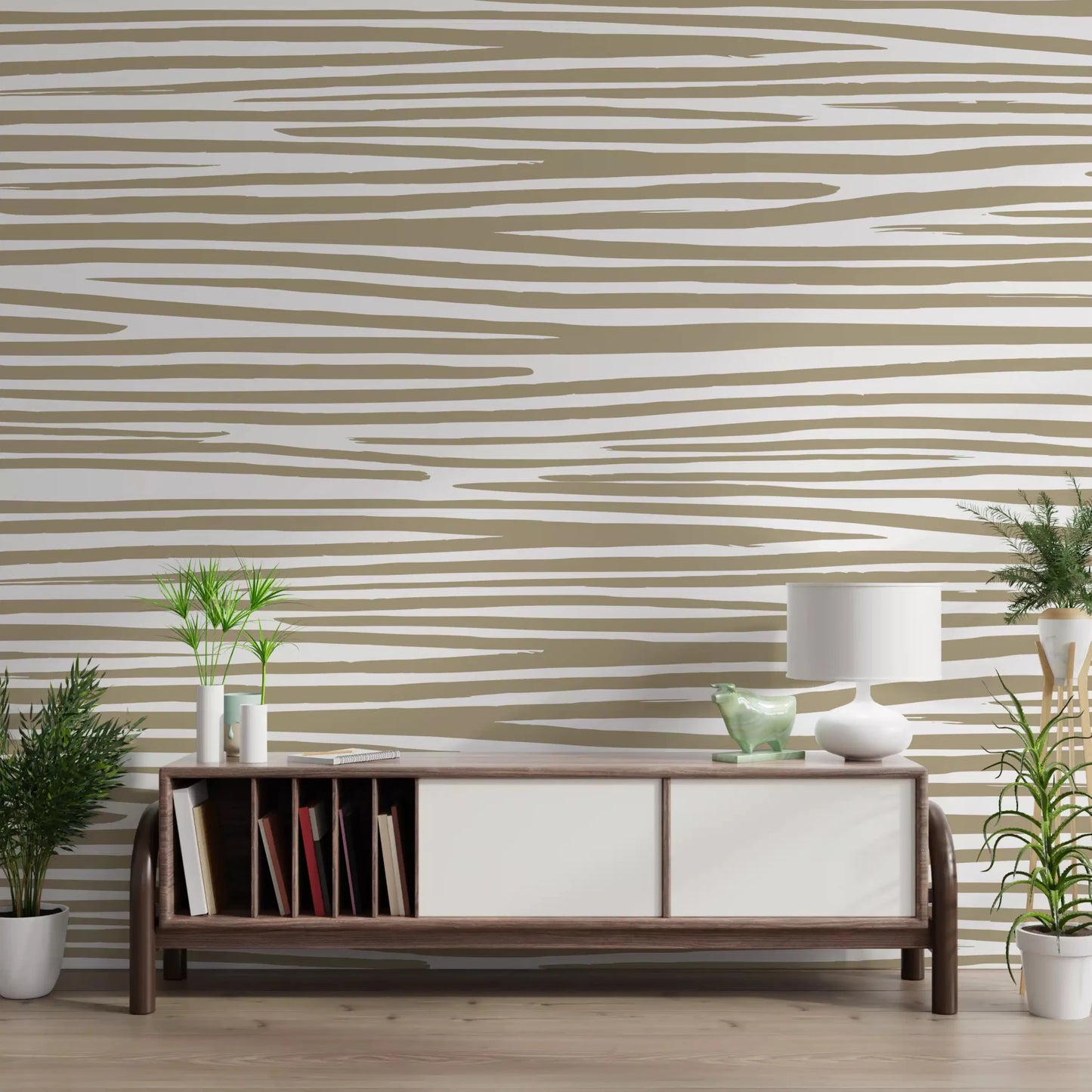 Home office corner styled with Sand Stripe Flow Wall Mural and a long desk