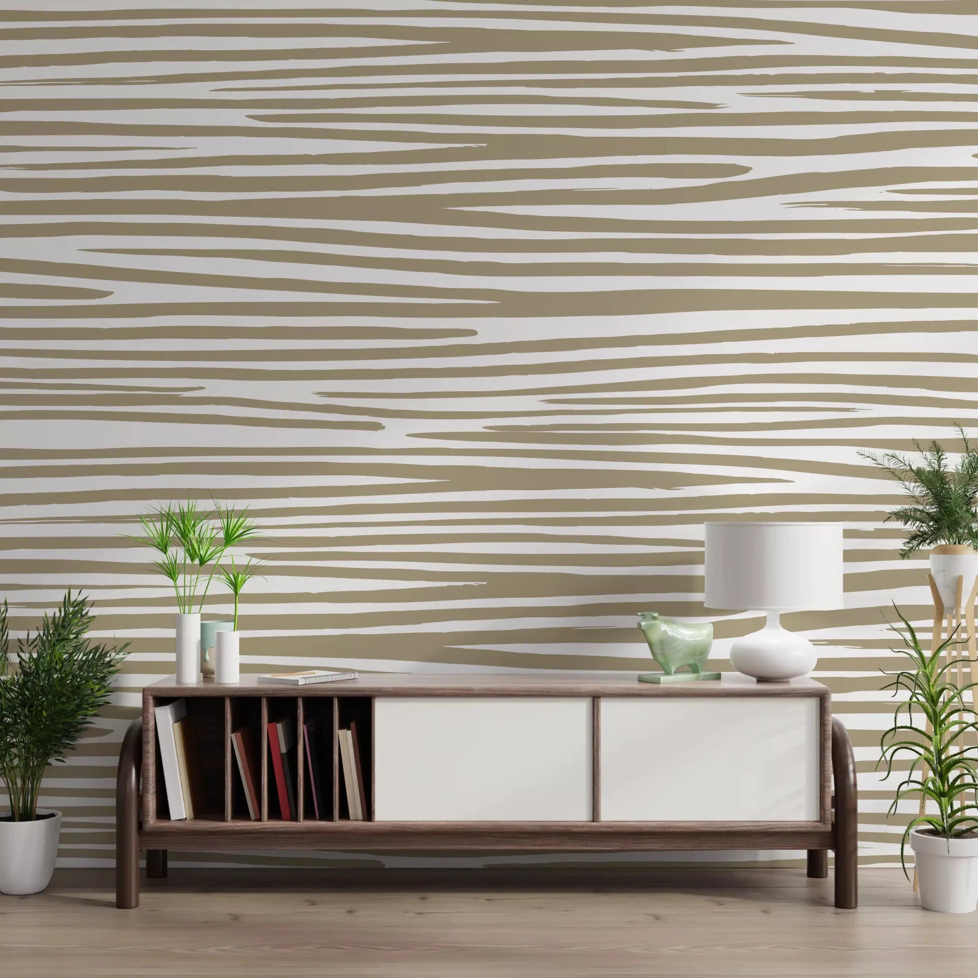 Home office corner styled with Sand Stripe Flow Wall Mural and a long desk