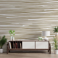 Home office corner styled with Sand Stripe Flow Wall Mural and a long desk