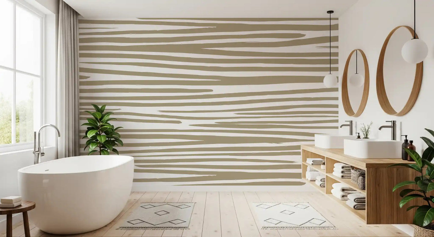 Spa bathroom paired with Sand Stripe Flow Wall Mural beside a freestanding tub