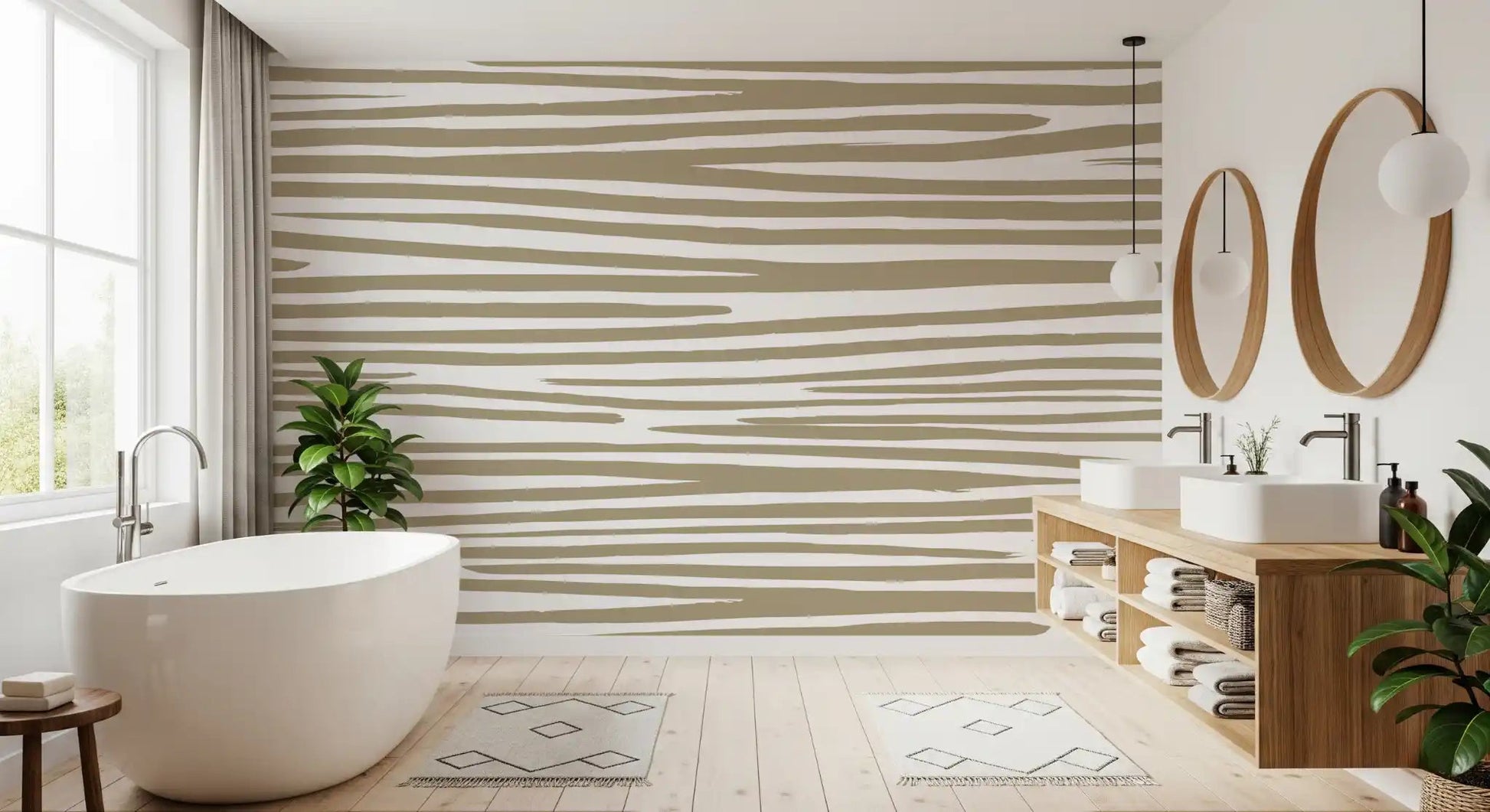 Spa bathroom paired with Sand Stripe Flow Wall Mural beside a freestanding tub