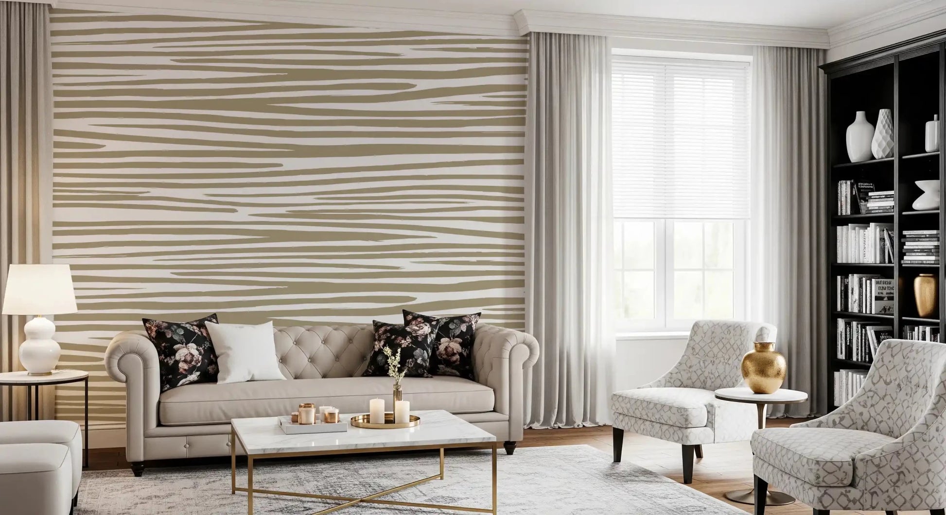 Modern living room with Sand Stripe Flow Wall Mural and a soft sectional sofa